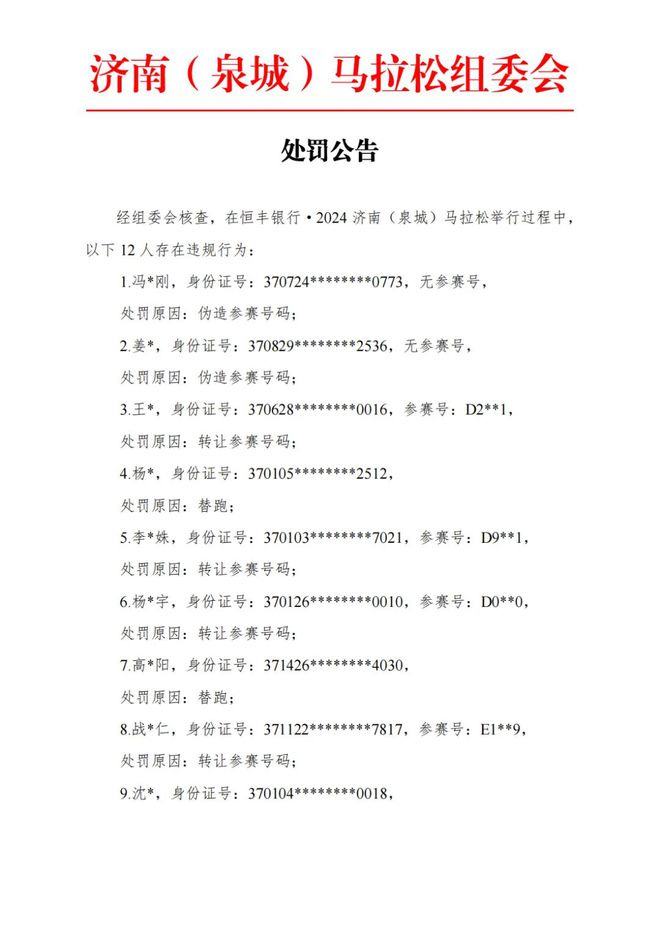 九游娱乐：12人违规！济南马拉松发出处罚公告！(图1)